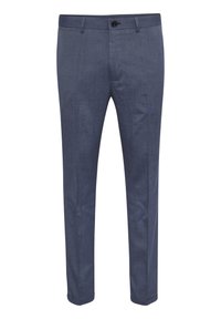 Navy blue trousers in a refined texture, featuring a standard waist, front pockets, and a button closure. Tailored fit with clean lines.