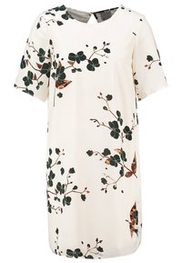 Kortärmad klänning i slätt tyg, med ett blommönster i mörkgrön och brun på en krämfärgad bakgrund. Rakt snitt.