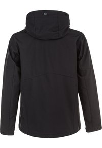 Czarna kurtka softshell z kapturem, długimi rękawami i widocznymi szwami na plecach i rękach.