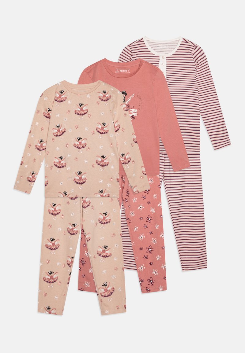 Four-piece pajama set: beige top with ballet print, pink top with flower accents, striped top, and matching pants. All made of soft fabric.