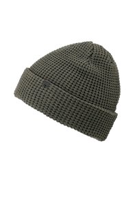 Czapka dzianinowa w ciemnozielonym kolorze, z fakturowanym wzorem i podłożonym mankietem. Zawiera małą metkę z logo z boku.
