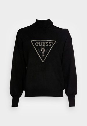 Zwarte trui met hoge kraag, ruime pasvorm en ribgebreide manchetten. Bevat een driehoekig logo met metalen accenten in het midden.