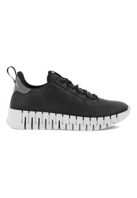 Svarte sneakers med en glatt skinnøvre, teksturerte grå detaljer og en tykk hvit såle med markerte utsparinger.