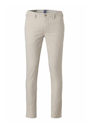 Beige slim-fit broek met riemlussen, voorste knoop, ritssluiting en zijzakken, weergegeven op een witte achtergrond.