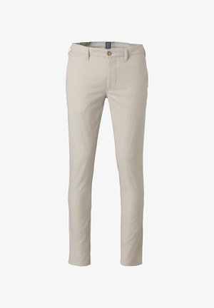 Beige slim-fit trousers with belt loops, front button, zipper closure, and side pockets, displayed on white background.