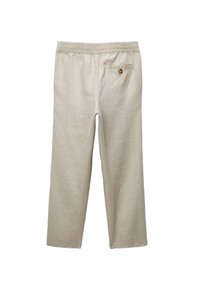 Pantalon en mélange de lin crème avec une taille élastique, des jambes larges et une poche arrière avec une fermeture à un bouton.