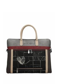 Borsa per laptop nera e grigia con manici e dettagli beige. Caratterizzata da una tasca frontale con zip e un motivo doodle e una chiusura con zip superiore.