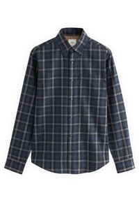 Chemise à manches longues à boutons avec motif à carreaux bleu et gris et une poche poitrine devant sur fond blanc.