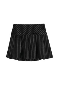 Sort nederdel med lodrette hvide striber, plisseret design og tætsiddende talje. Lavet af et blødt stof med en glat tekstur.
