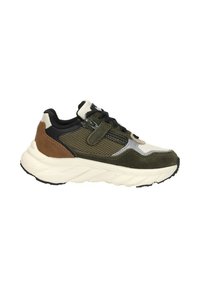 Groene en bruine sport sneaker met een bovenwerk van mesh, suède accenten en een dikke witte tussenzool. Voorzien van zwarte veters en een zijrits.
