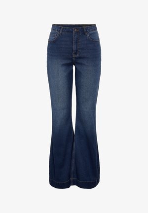 Dark blue flared jeans in denim fabric, featuring a high waist, front pockets, and a clean hemline, with subtle stitching details.