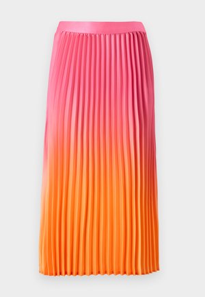 Jupe plissée avec un dégradé du rose à l'orange, dotée d'une taille lisse et d'un design fluide, fabriquée à partir d'un tissu léger.