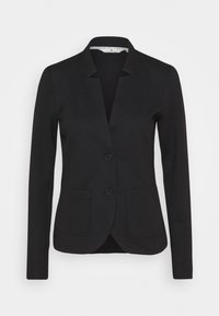 Blazer negro de corte ajustado, con solapas de pico, cierre de un solo botón, dos bolsillos frontales y una tela texturizada. Sin adornos adicionales.