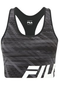 Schwarzer Sport-BH mit geometrischem Muster in Grautönen, mit Racerback-Design und einem auffälligen weißen Logo auf der Vorderseite.