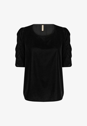 Schwarzes Samtoberteil mit Rundhalsausschnitt, gepufften kurzen Ärmeln und Raffung an den Schultern. Weicher Stoff mit glatter Oberfläche.