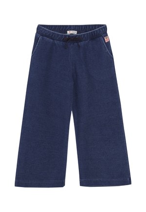 Marineblaue weite Cordhosen mit elastischem Bund, Kordelzug, seitlichen Taschen und kleinem Logoetikett in der Nähe des Bundes.