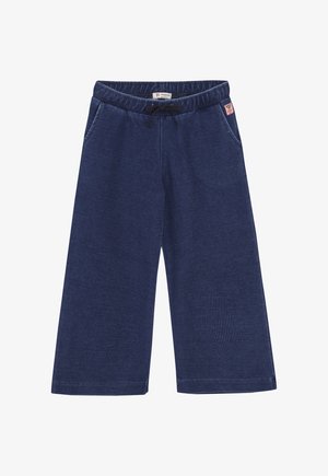 Navyblauwe wijde corduroy broek met elastische tailleband, trekkoord, zijzakken en een klein logo-label nabij de taille.