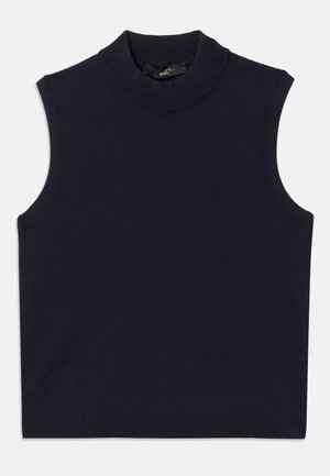 Navy sleeveless pullover sweater with a high ribbed collar, smooth texture, and ribbed hem. Simple, minimalistic design with no patterns.