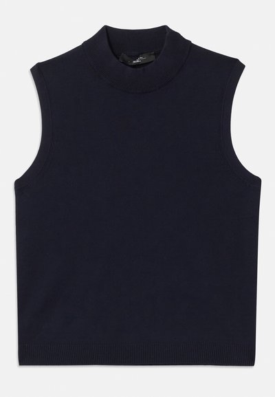 Jūras spēku krāsas bezpiedurkņu džemperis ar augstu ribotu apkakli, gludu tekstūru un ribotu apakšmalu. Vienkāršs, minimālistisks dizains bez rakstiem.