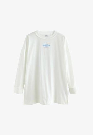 Biała, długosleeve koszulka T-shirt z miękkiej bawełny, z niebieskim logo Chevroleta na piersi i ściągaczami przy mankietach. Luzny krój i okrągły dekolt.