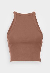 Top cropped halter em tom castanho, com gola alta e design sem mangas. Textura suave e forma ajustada, proporcionando um ajuste confortável.