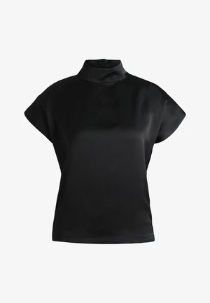 Schwarzes Kurzarm-Oberteil mit stehem Kragen, aus smooth und glänzendem Stoff gefertigt. Verfügt über einen Reißverschluss auf der Rückseite.