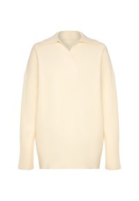 Pulover tricotat de culoare crem, cu guler și mansete cu model în relieve. Prezintă o siluetă relaxată și un decolteu în V, oferind o textură moale.