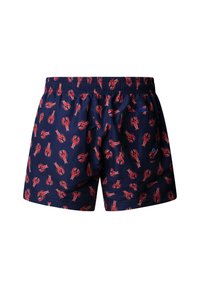 Marineblå badebukser med rød hummertryk, elastisk linning og baglomme med vandafløbshul.