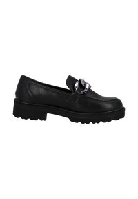 Mocassins en cuir noir avec un bout rond, une semelle texturée contrastante et un accent métallique sur la sangle. Ils présentent un petit talon épais.