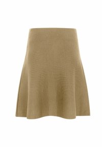 En kort brun kjol med en utställd silhuett, tillverkad av ett strukturerat material. Den har en ren, minimalistisk design utan dekorationer.