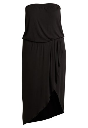 Fekete pánt nélküli ruha puha, rugalmas anyagból. Felső része redőzött, elöl drapírozott, aszimmetrikus szegéllyel.