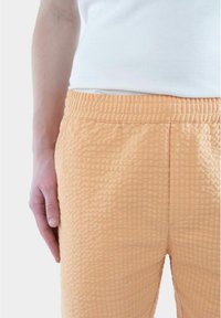 Ferskenfarget teksturerte bukser med rutenettmønster og elastisk liv, kombinert med en tettsittende hvit topp. Hånd hviler på siden.