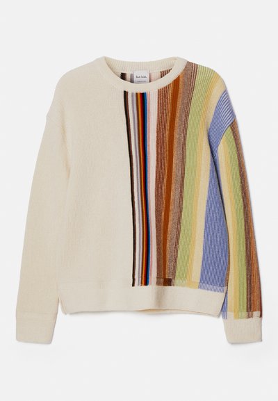 Knit sweater in cream with multi-colored vertical stripes in blue, green, brown, and red. Features a round neckline and ribbed cuffs.