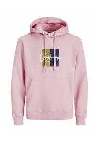 Lyserød hoodie med en frontlomme, der har et grafisk design i grøn, marineblå og hvid med "Jack & Jones" tekst. Materialet er en blanding af bomuld.