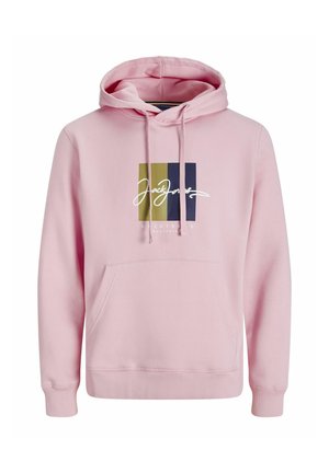 Lichtroze hoodie met een voorkantzak, voorzien van een grafisch ontwerp in groen, marineblauw en wit met de tekst "Jack & Jones". Van een katoenmix.