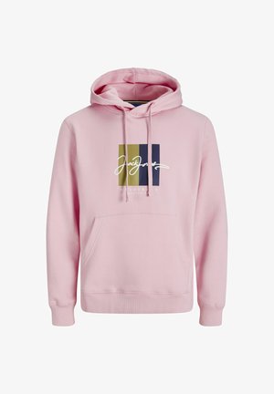 Svetloružová mikina s kapucňou, predným vreckom a grafickým dizajnom v zelenej, námornej a bielej farbe s textom "Jack & Jones". Vyrobená z materiálu z bavlnenej zmesi.