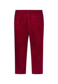 Rote Cordhosen mit geradem Schnitt, ausgestattet mit zwei Gesäßtaschen und einem Bund. Der Stoff hat eine weiche, strukturierte Oberfläche.