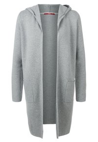Cardigan lungo di un grigio chiaro, realizzato in tessuto morbido, dotato di cappuccio, apertura frontale e due tasche anteriori. Silhouette semplice e dritta.