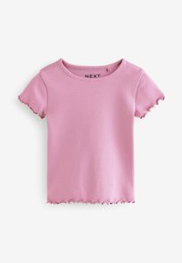 Rosa gerippte Kurzarm-T-Shirt mit rundem Ausschnitt und gewellten Kanten. Der Stoff ist dehnbar und bietet eine enganliegende Passform. Markenlabel "NEXT" innen.