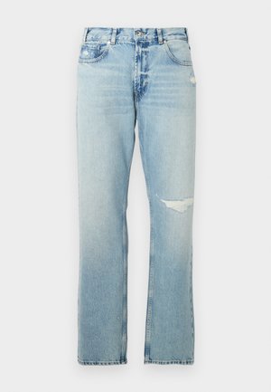 Light blue denim jeans with a straight-leg design, featuring slight distressing and a high waist. Includes five pockets and metal hardware.