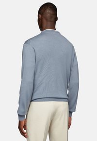 Light blue textured sweater with long sleeves, round neckline, and ribbed hem. Visible stitching details and a relaxed fit.
