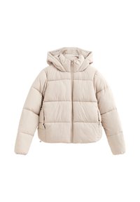 Beige pufferjack met capuchon, horizontale quilt, voorkant rits en zijzakken, ontworpen voor koud weer.