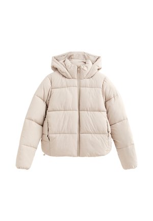 Beige Puffer-Jacke mit Kapuze, horizontalen Steppnähten, Reißverschluss vorne und seitlichen Taschen, entworfen für kaltes Wetter.