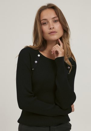 Black ribbed long-sleeve sweater with a round neckline and decorative silver buttons on the shoulder. Soft texture and fitted design.
