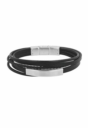 Bracciale nero a più fili in pelle con dettaglio intrecciato, chiusura in argento spazzolato e piastra rettangolare.