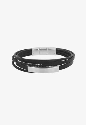 Bracciale nero a più fili in pelle con dettaglio intrecciato, chiusura in argento spazzolato e piastra rettangolare.