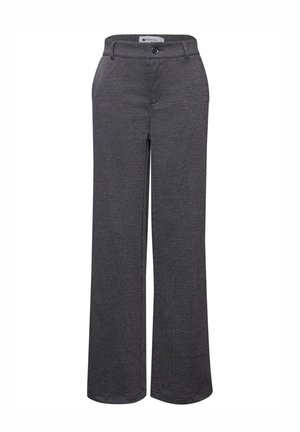 Mørkegrå, lige bukser med knap og bæltestropper, forlommer og subtil ternet tekstur.