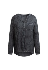 Dunkelgraues Langarmhemd mit Knopfleiste, bedruckten Textmustern und einer Brusttasche, mit abgerundetem Saum und ohne Kragen.