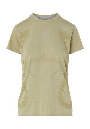 Oliivinvihreä lyhythihainen t-paita, jossa on ribbineulos, hienovaraisia sävyeroja ja pieni logo edessä. Pyöreä pääntie.