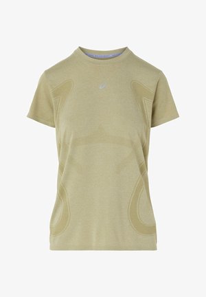 Oliivinvihreä lyhythihainen t-paita, jossa on ribbineulos, hienovaraisia sävyeroja ja pieni logo edessä. Pyöreä pääntie.